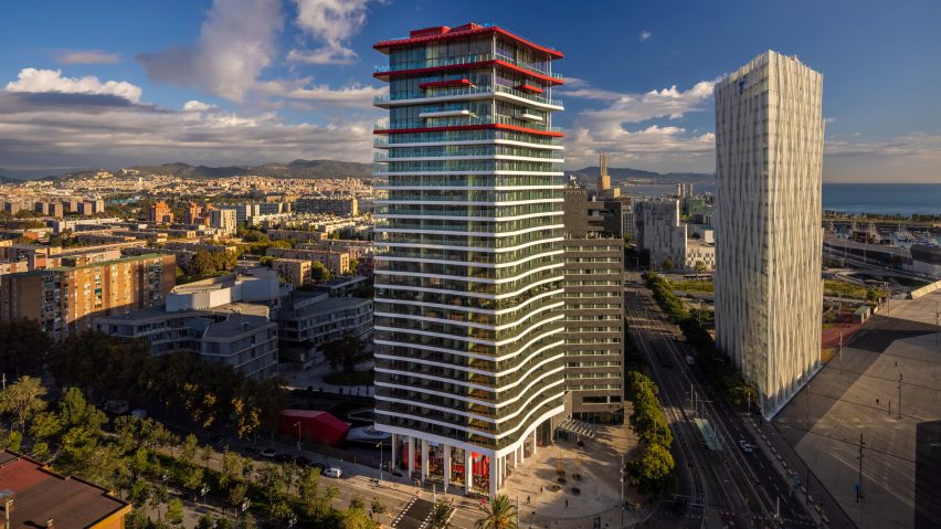 Red balconies top Odile Decq's Antares tower in Barcelona