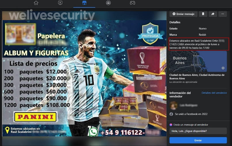 Estafadores venden figuritas en Marketplace utilizando el nombre y dirección de comercios legítimos