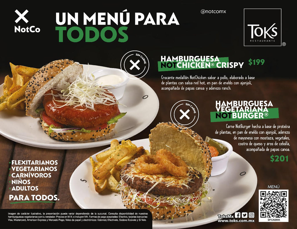 Toks en alianza con NotCo, lanza un menú paratodos hecho a base de plantas