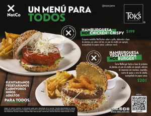 Toks en alianza con NotCo, lanza un menú paratodos hecho a base de plantas